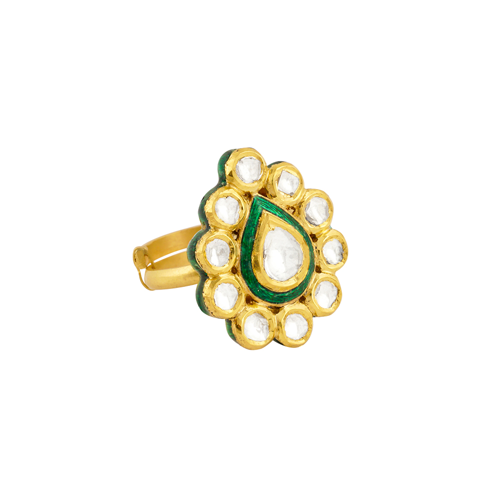 Pear-Shaped Polki Ring with Green Meena and Polki Cluster